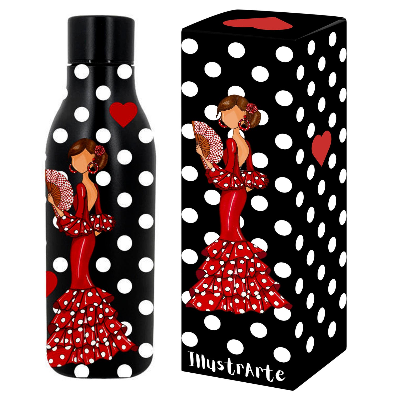 a black and white box with a red and white polka dot pattern and a lady