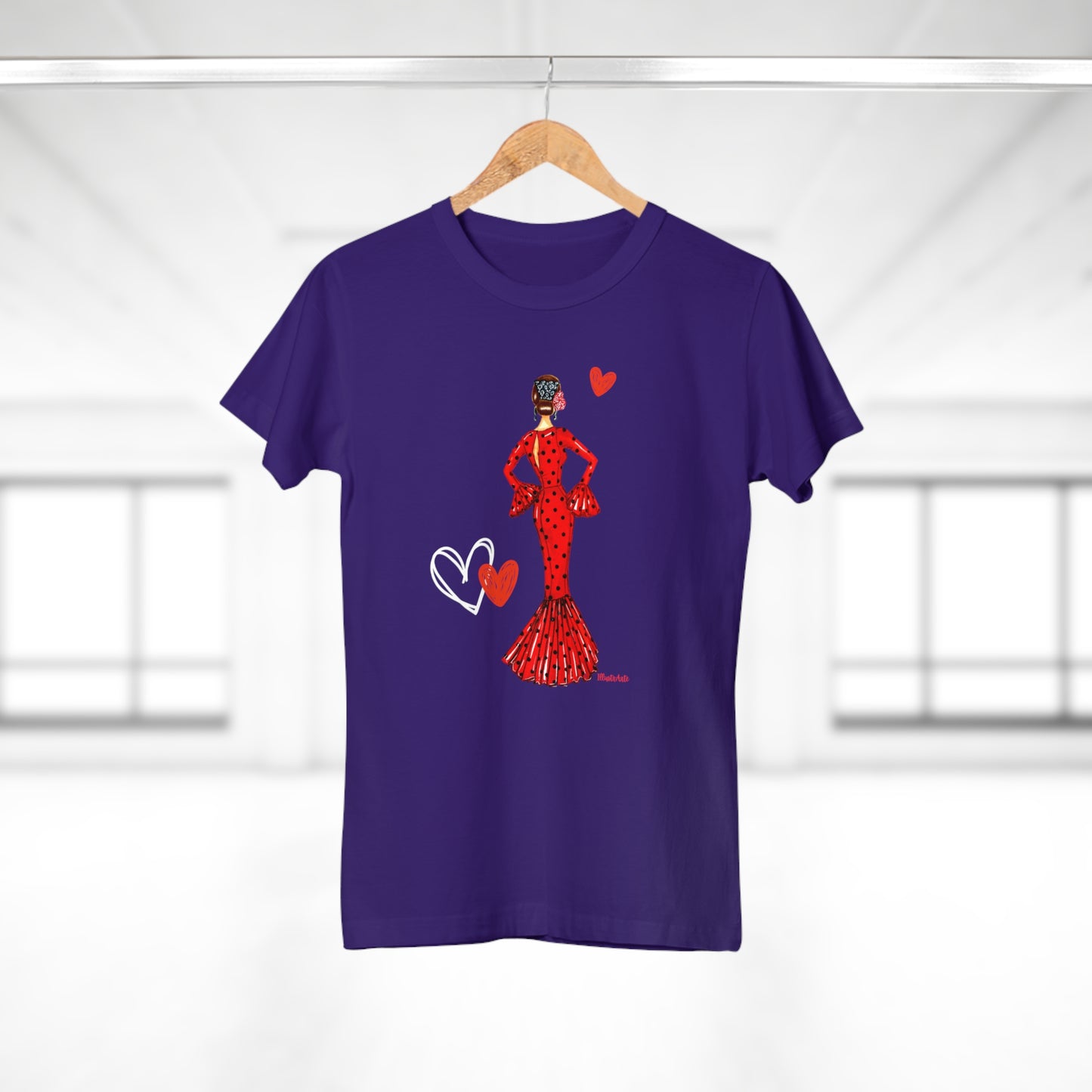 a purple t - shirt with a woman in a red dress holding a heart