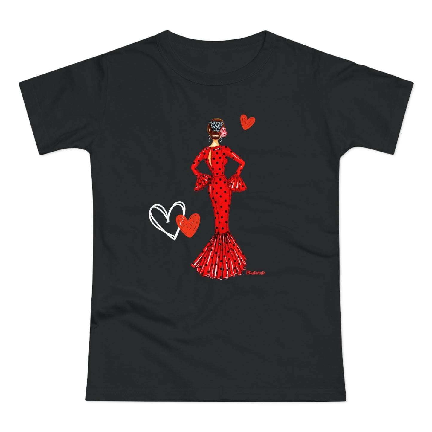 a black t - shirt with a red dress and hearts