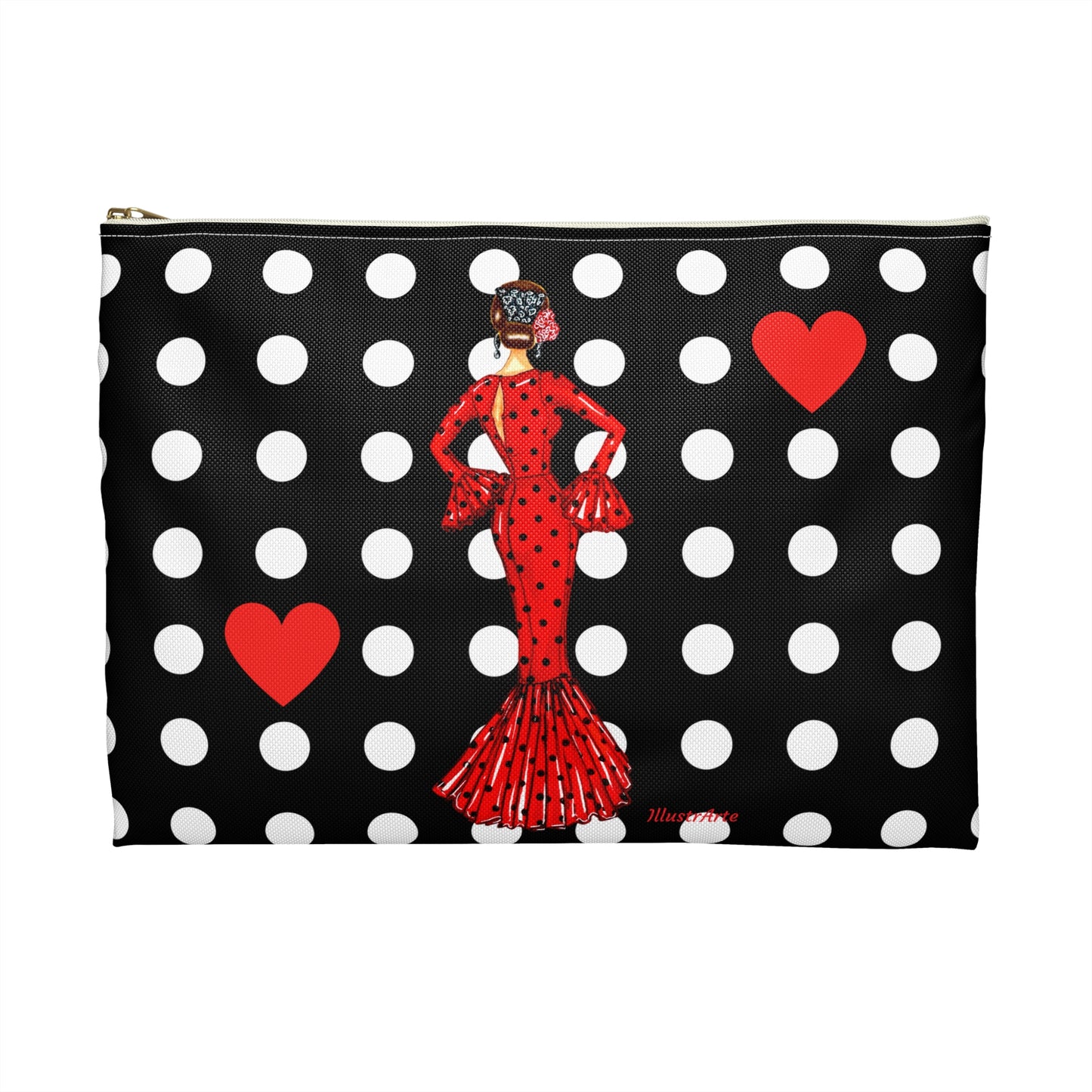 a black and white polka dot purse with a lady in a red dress