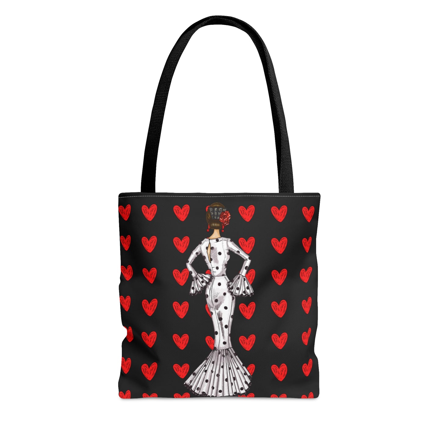a dalmatian dog with hearts on a black background tote bag