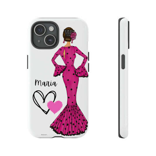 a phone case with a woman in a pink dress