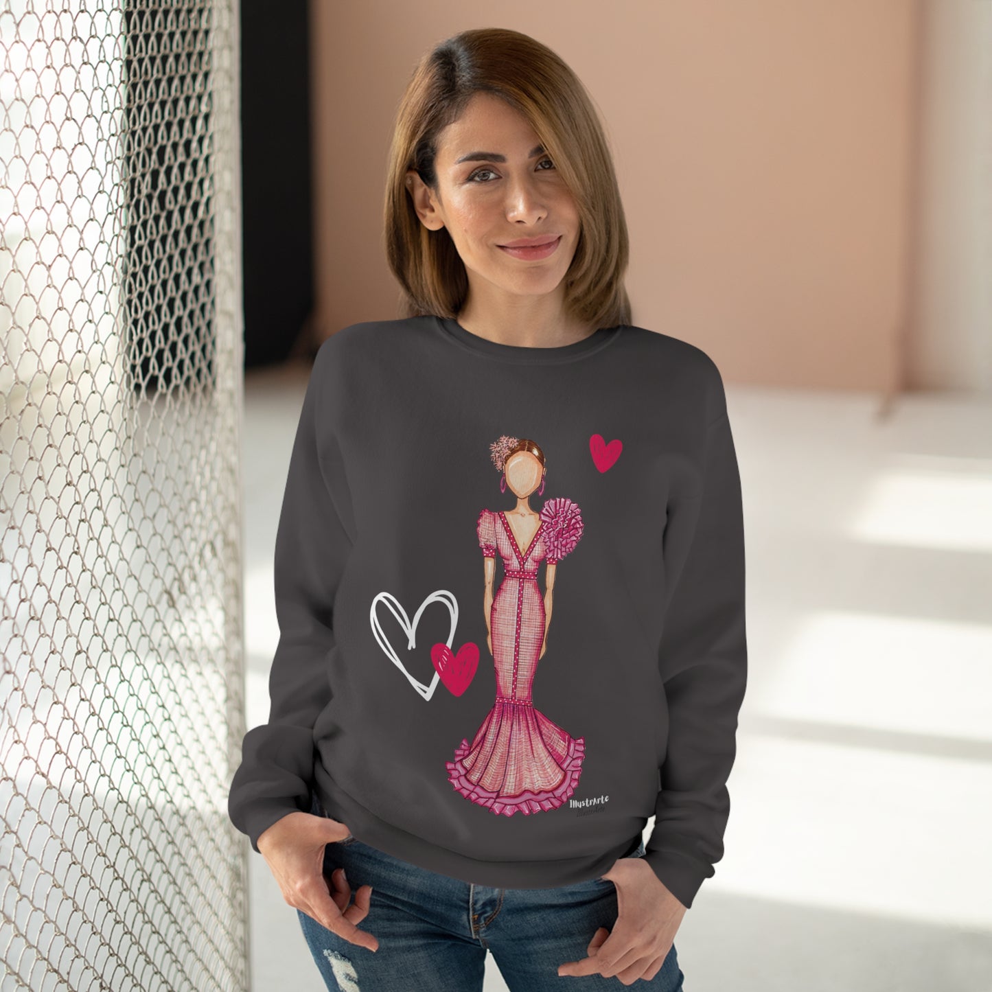 a woman wearing a sweater with a dress on it