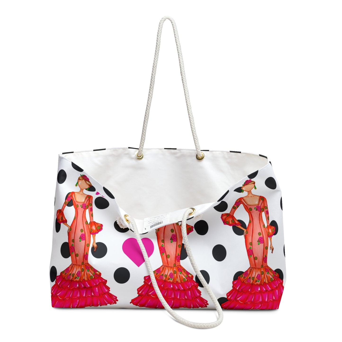 a polka dot purse with a woman in a red dress on it
