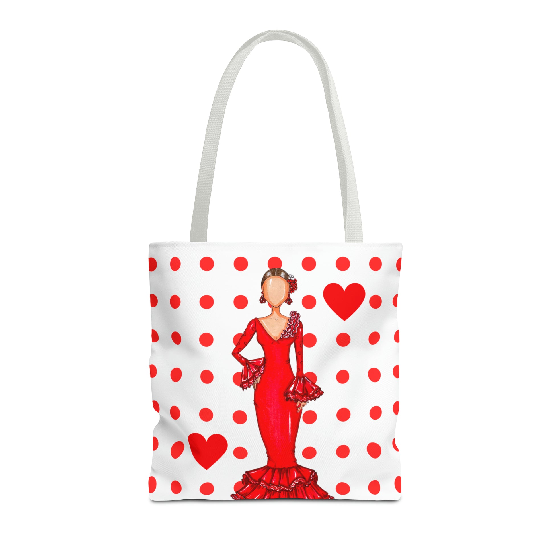 a tote bag with a lady in a red dress