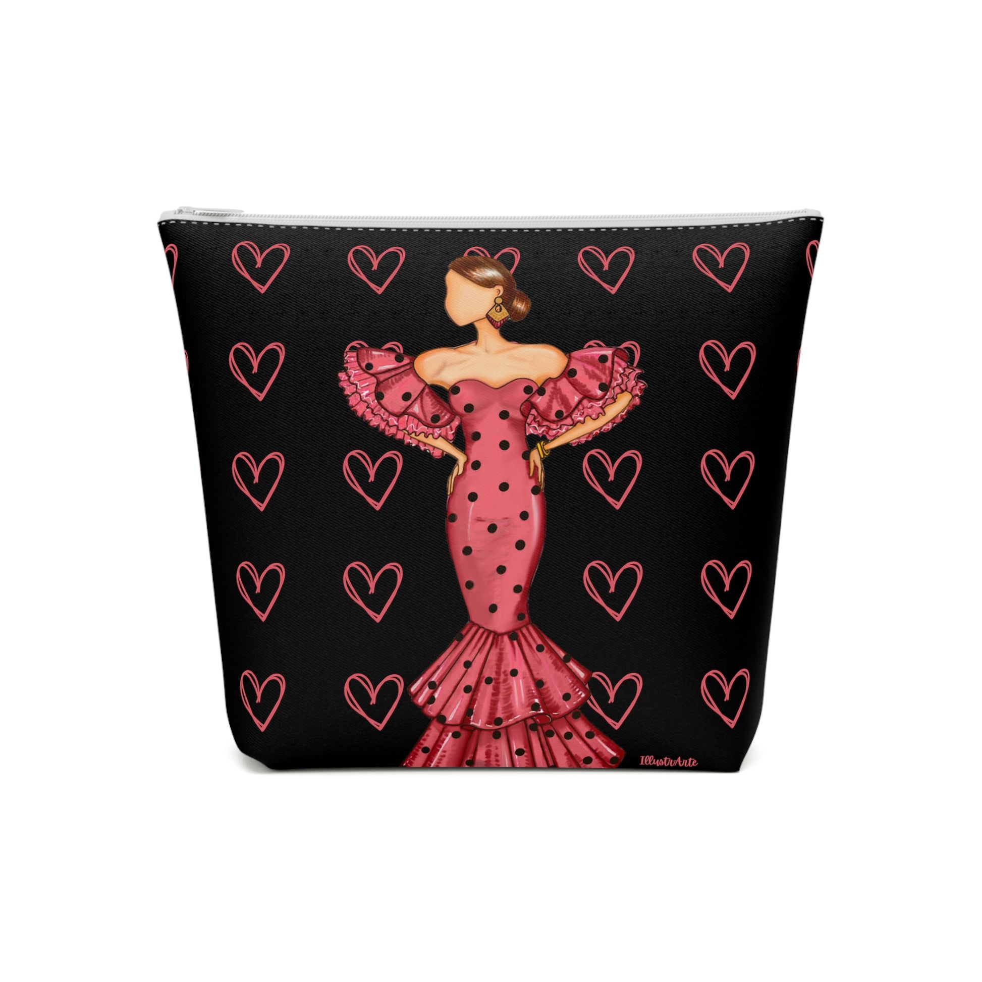 a purse with a woman in a pink dress and hearts on it