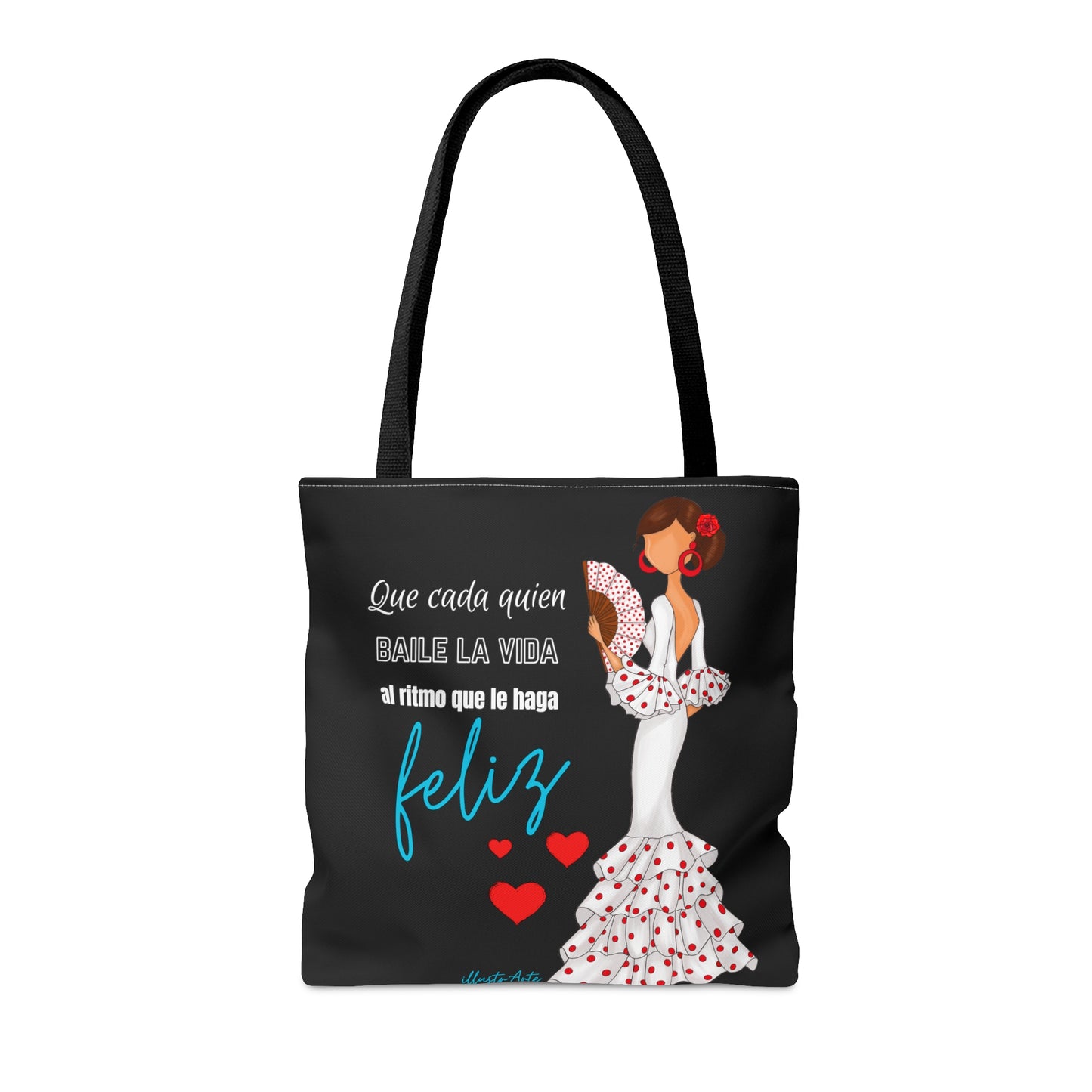 a black tote bag with a picture of a woman in a dress