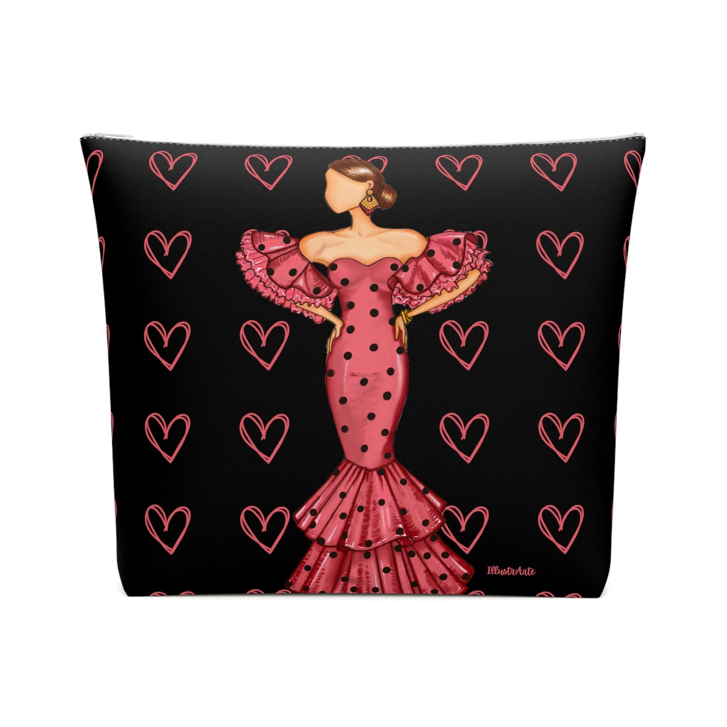 a black and red pillow with a woman in a pink dress
