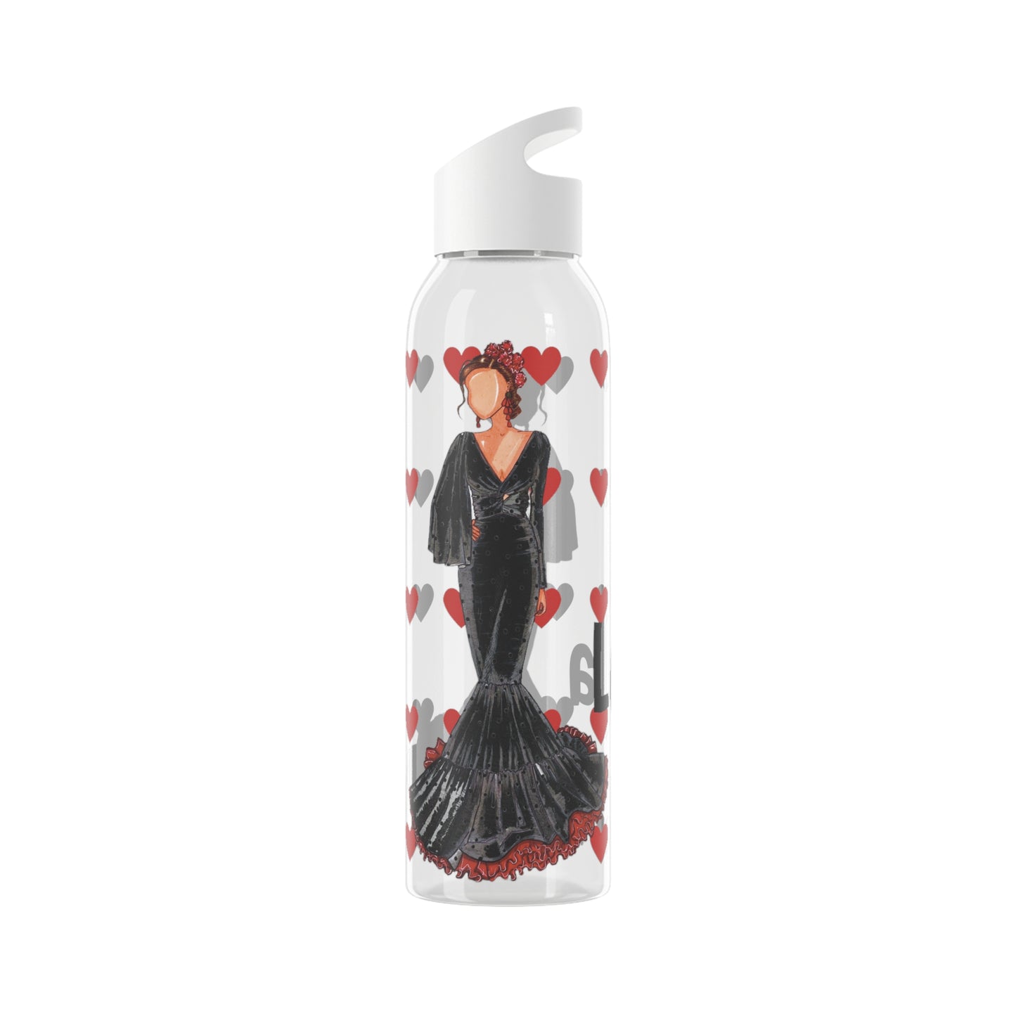 Flamenco Dancer 22 Oz/650ml Eastman Tritan™ Single wall bottle, black dress with red hearts design. - IllustrArte