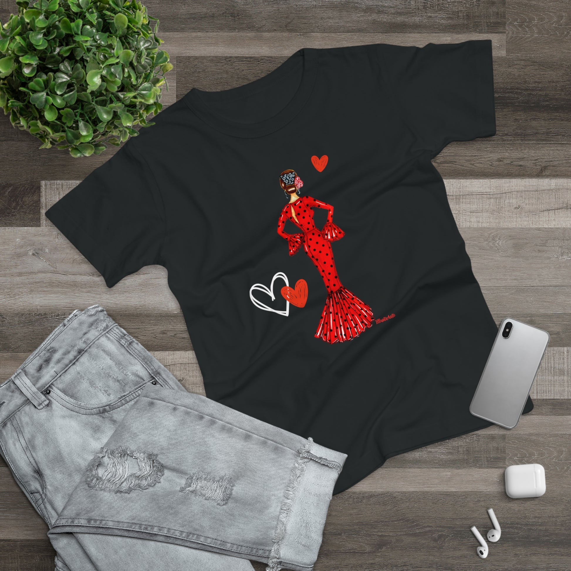 a t - shirt with a red dress and hearts on it