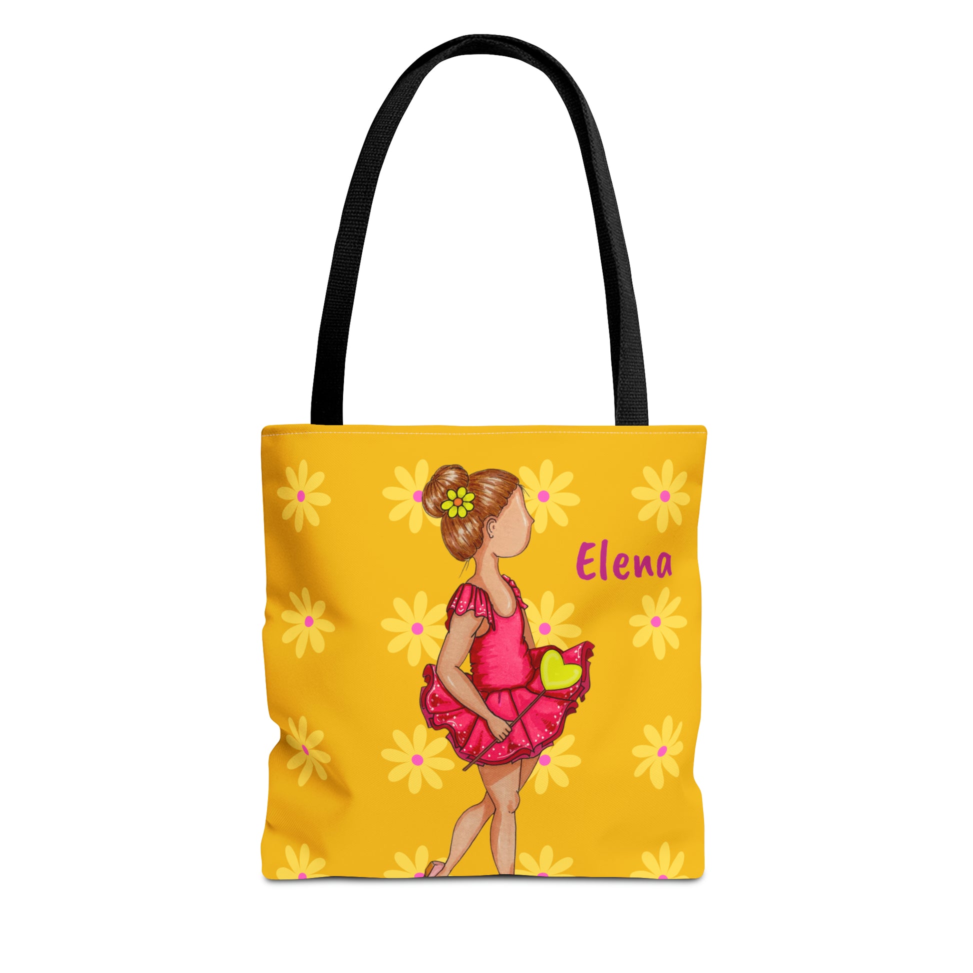 a yellow bag with a picture of a girl in a pink dress