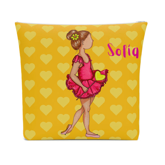 Bolsa multiusos de algodón personalizable, fondo amarillo con corazones y una bailarina con vestido rosa.