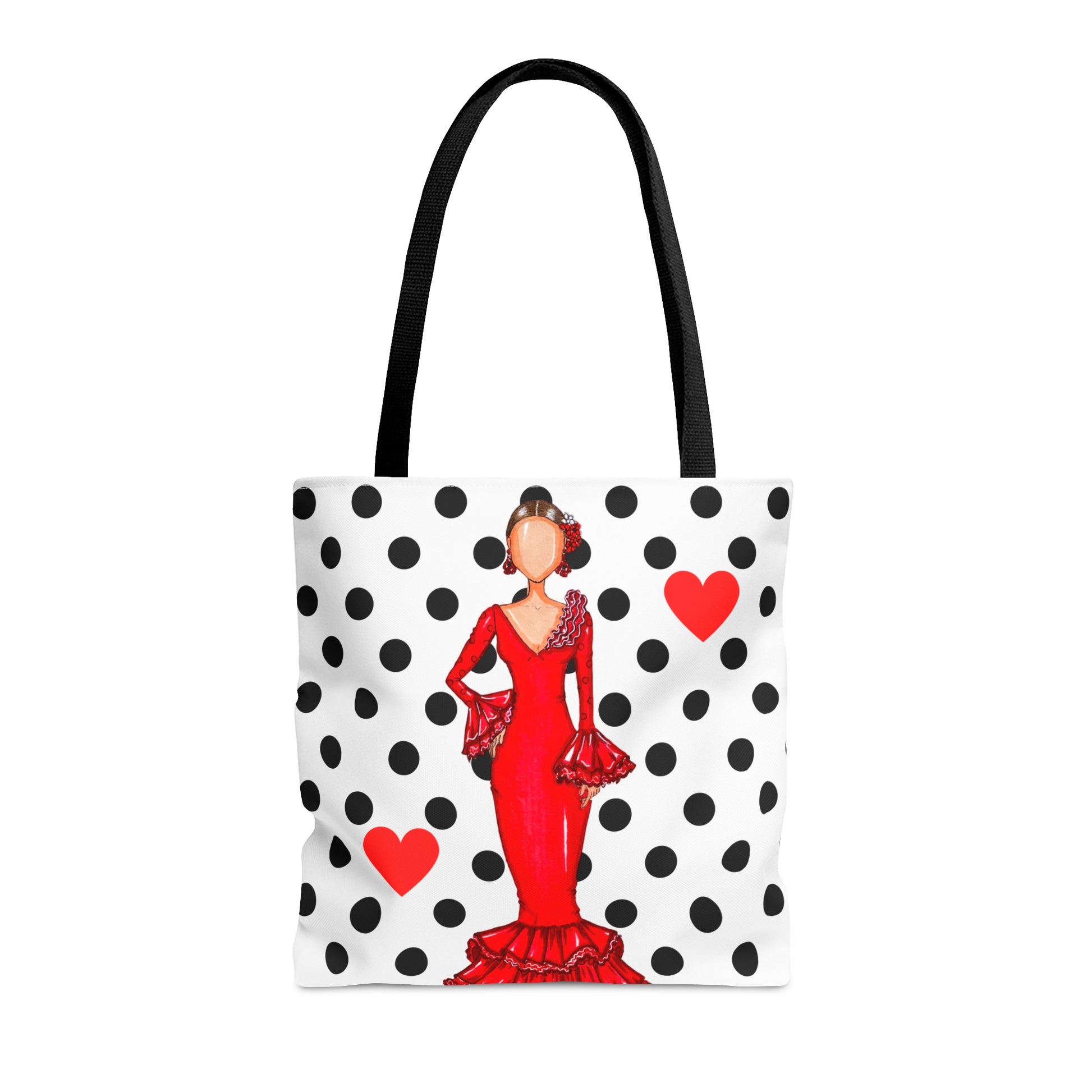 a tote bag with a picture of a woman in a red dress