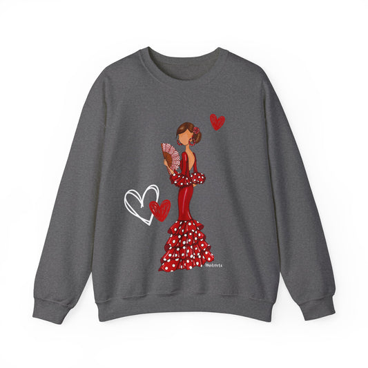 a sweatshirt with a woman in a red dress and hearts on it
