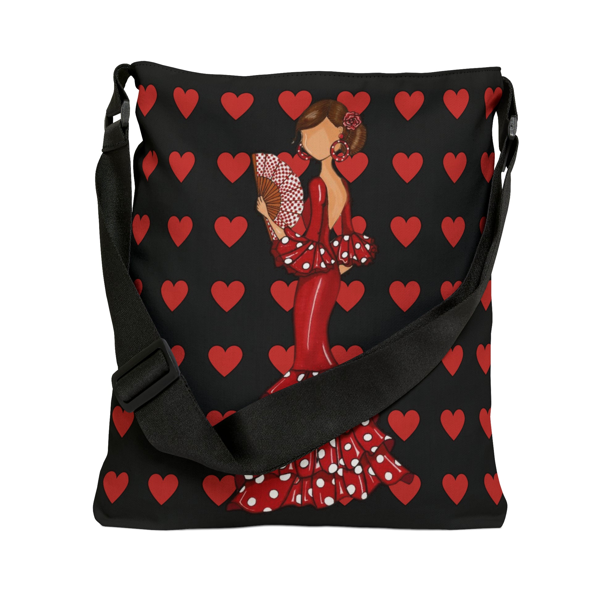 a red and black bag with hearts on it