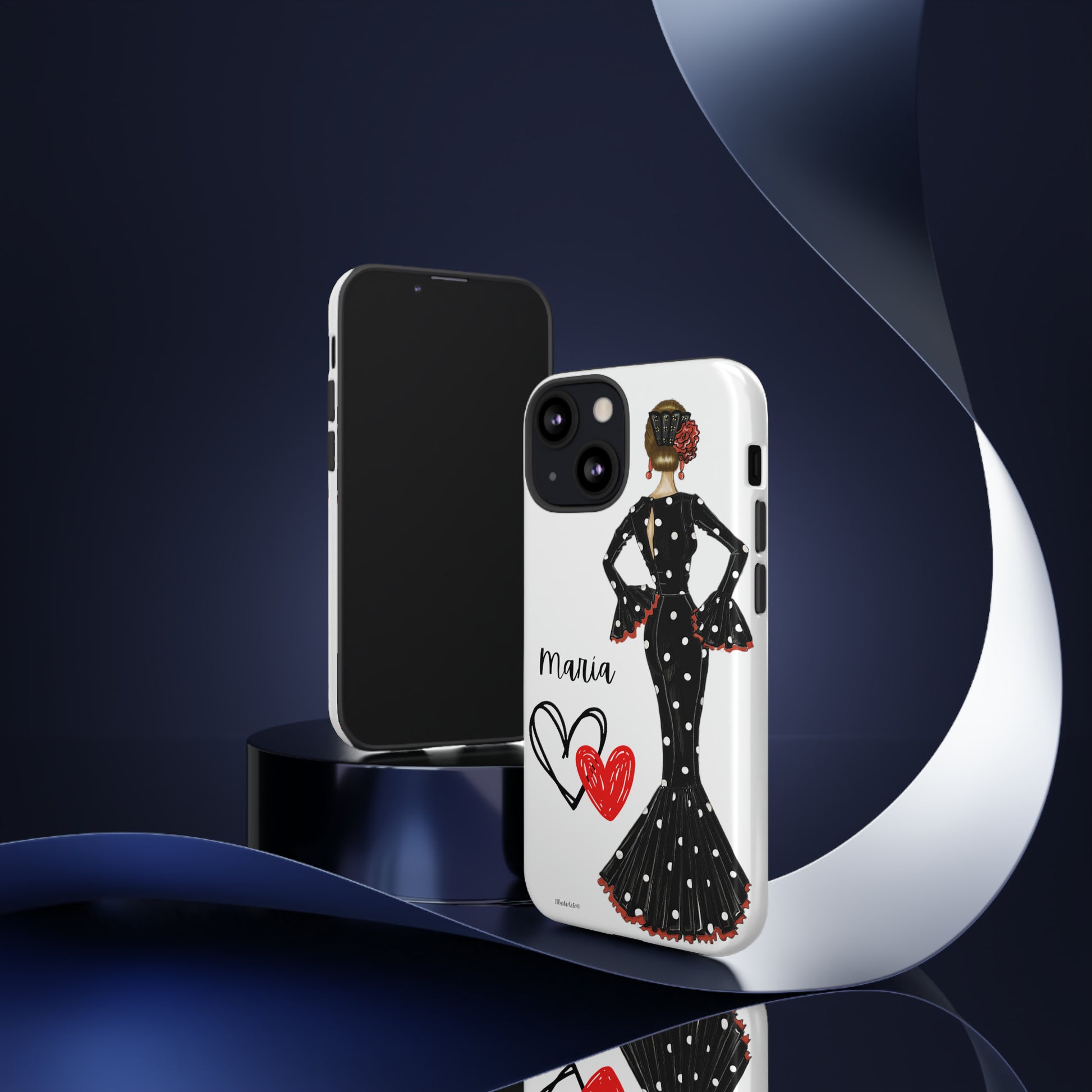 a phone case with a woman in a dress on it