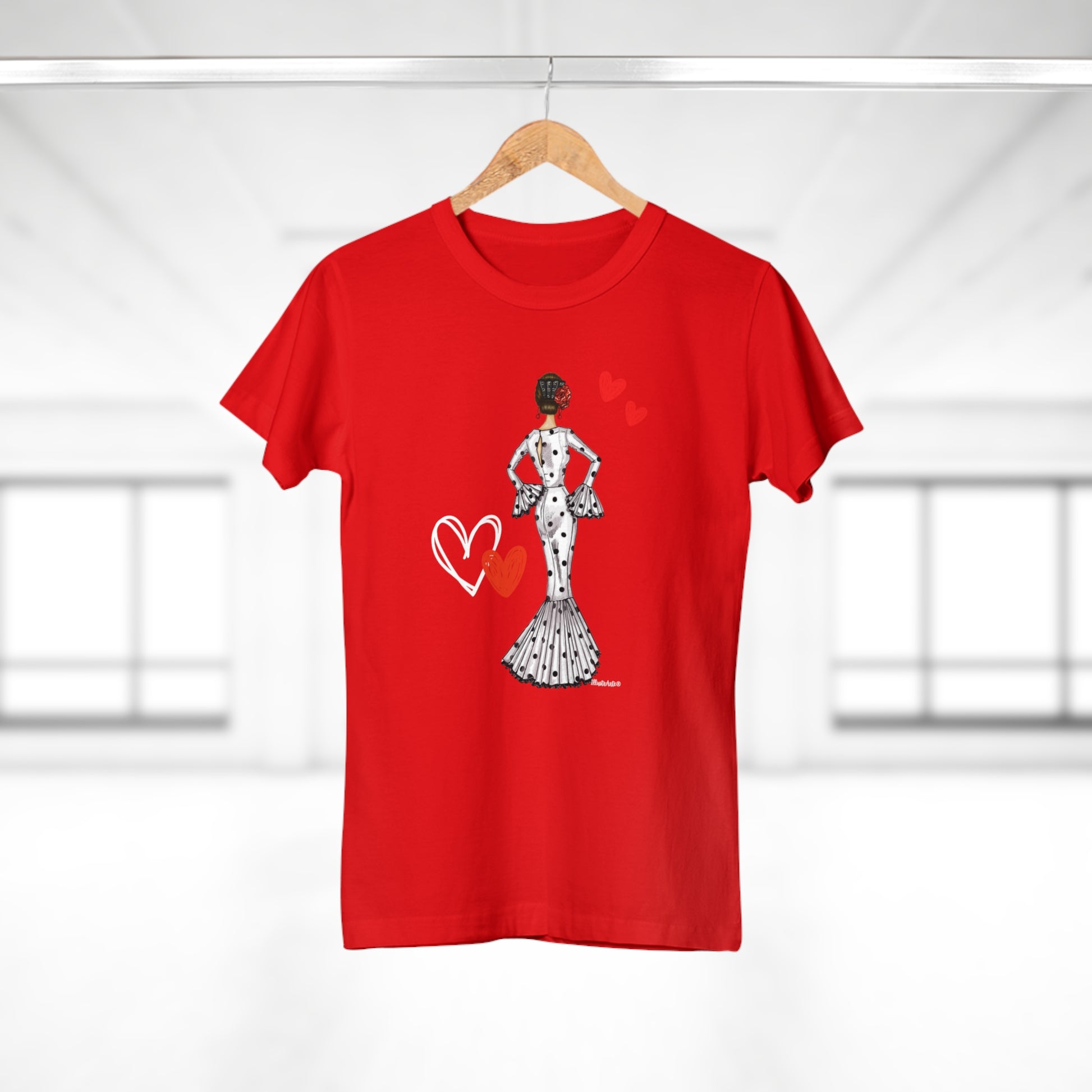 a red t - shirt with a picture of a woman holding a heart