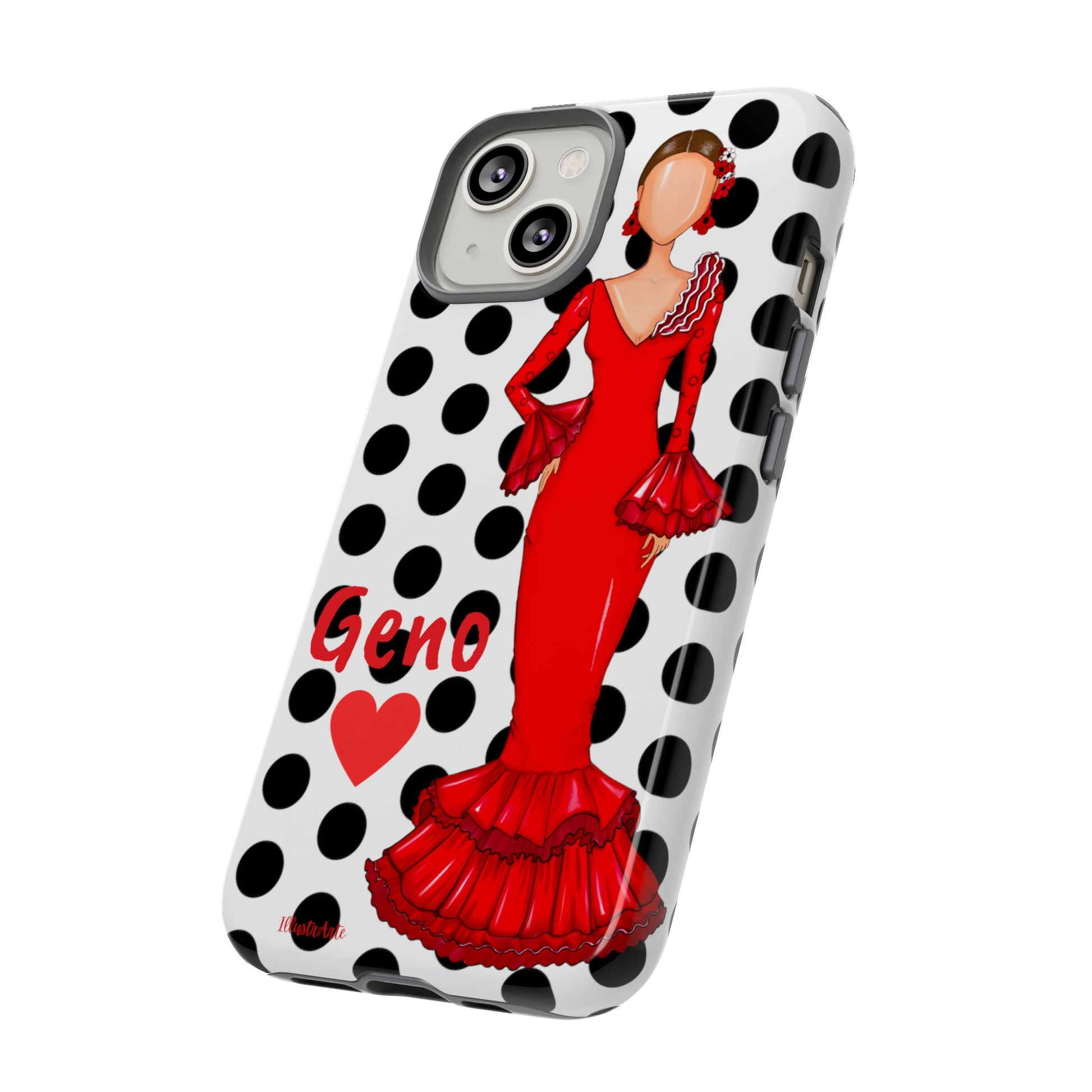 a cell phone case with a woman in a red dress