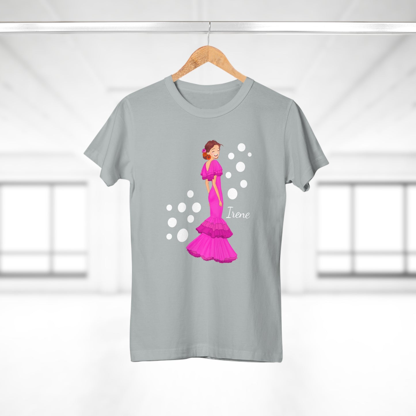 a t - shirt with a woman in a pink dress
