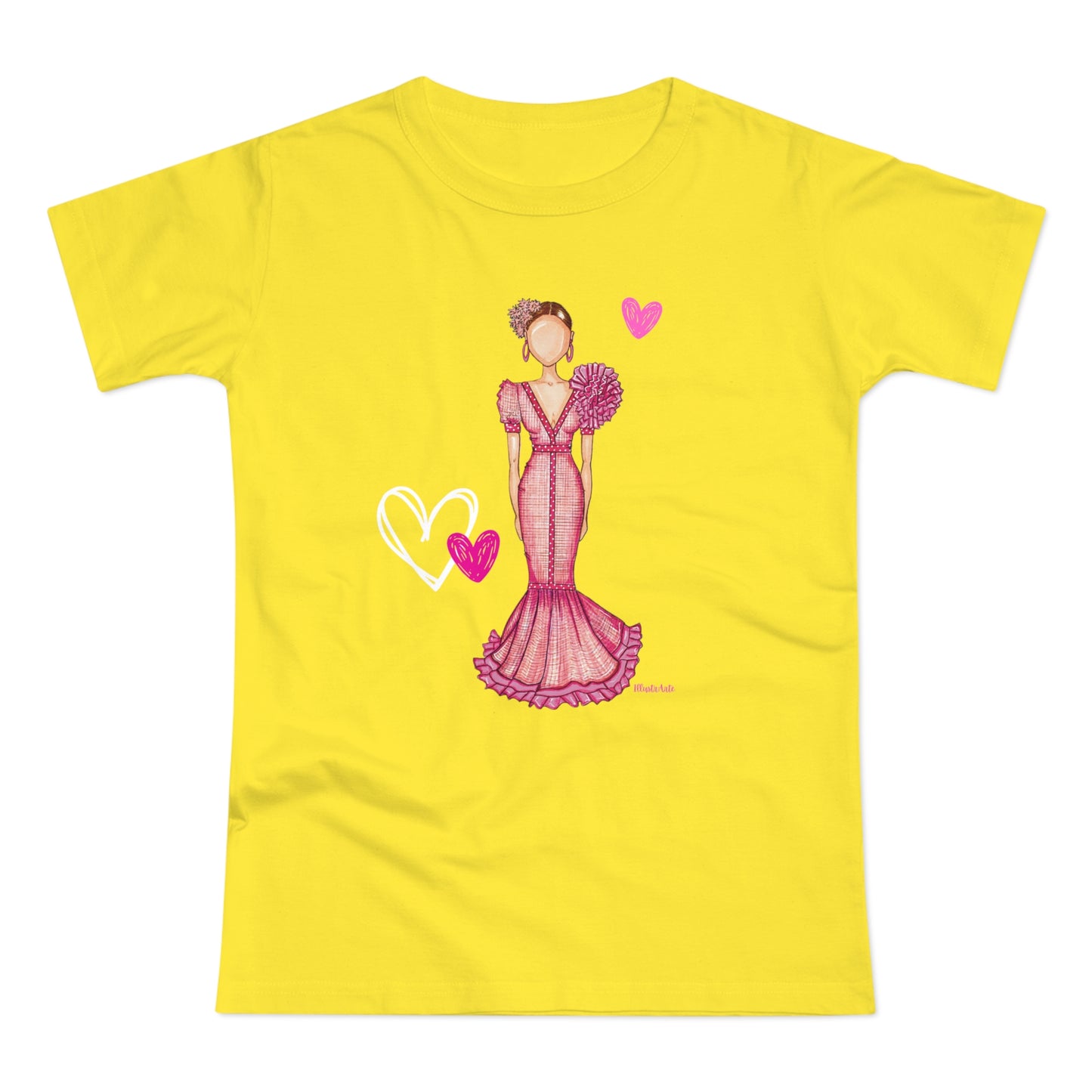 a yellow t - shirt with a drawing of a woman in a pink dress