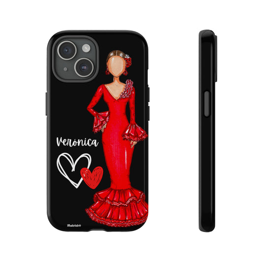 a phone case with a picture of a woman in a red dress