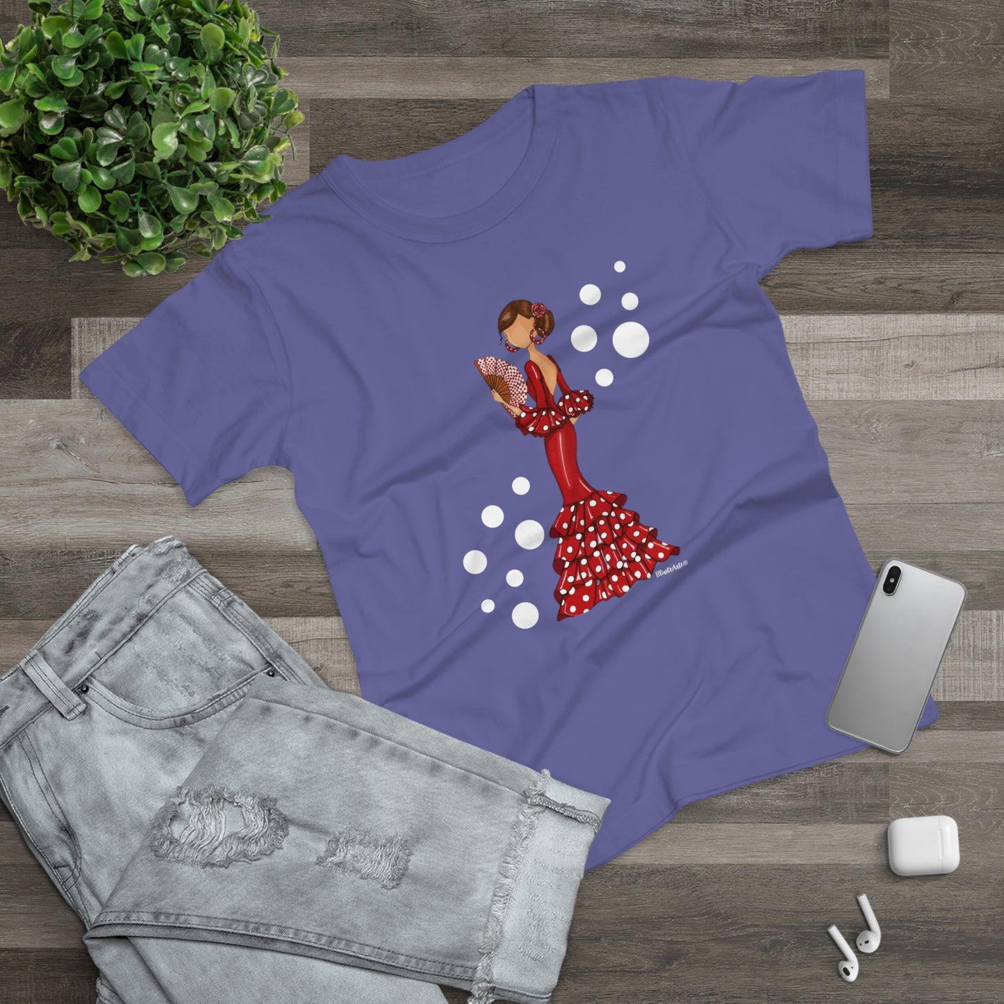 a t - shirt with a picture of a woman in a polka dot dress