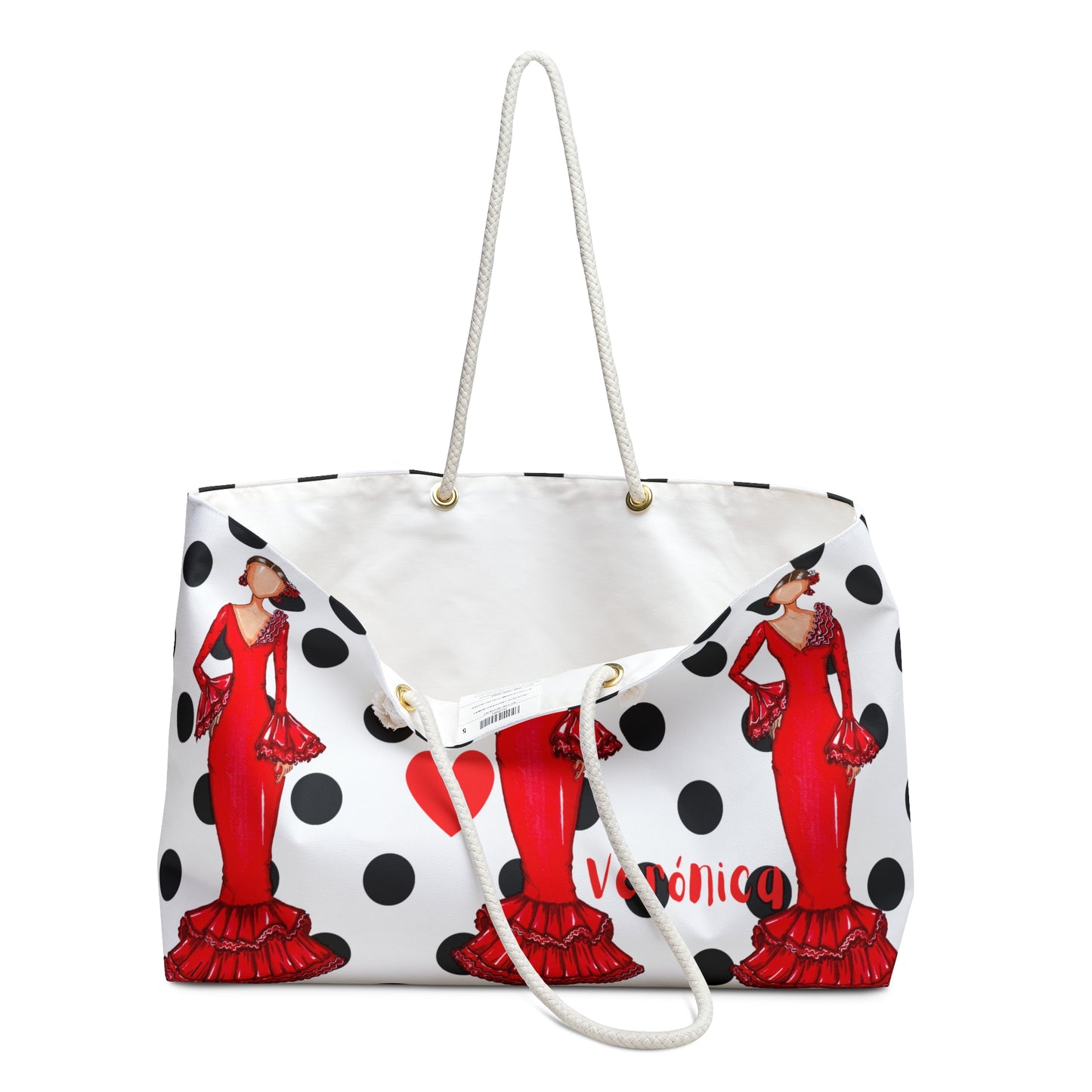 a polka dot bag with a woman in a red dress on it