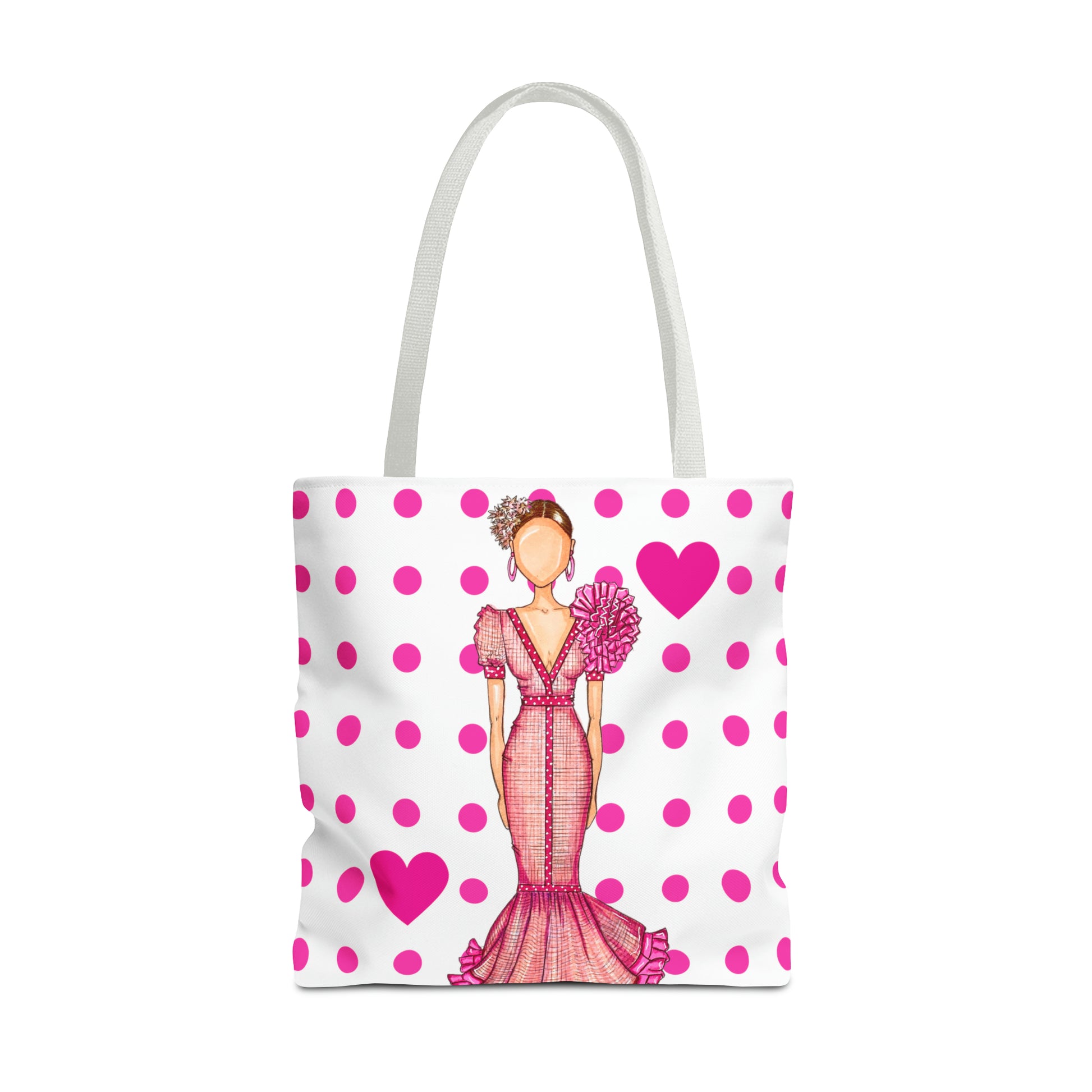 a tote bag with a picture of a woman in a pink dress