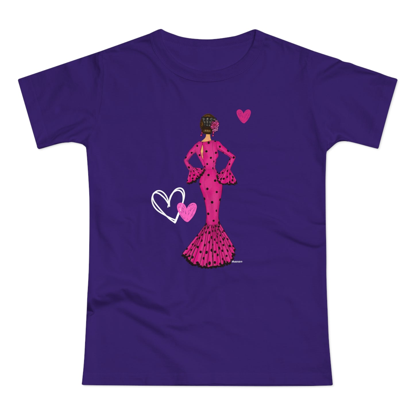 a purple t - shirt with a woman in a pink dress holding a heart