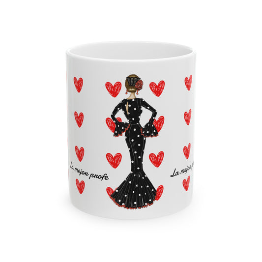 a white coffee mug with a lady in a black dress and hearts on it