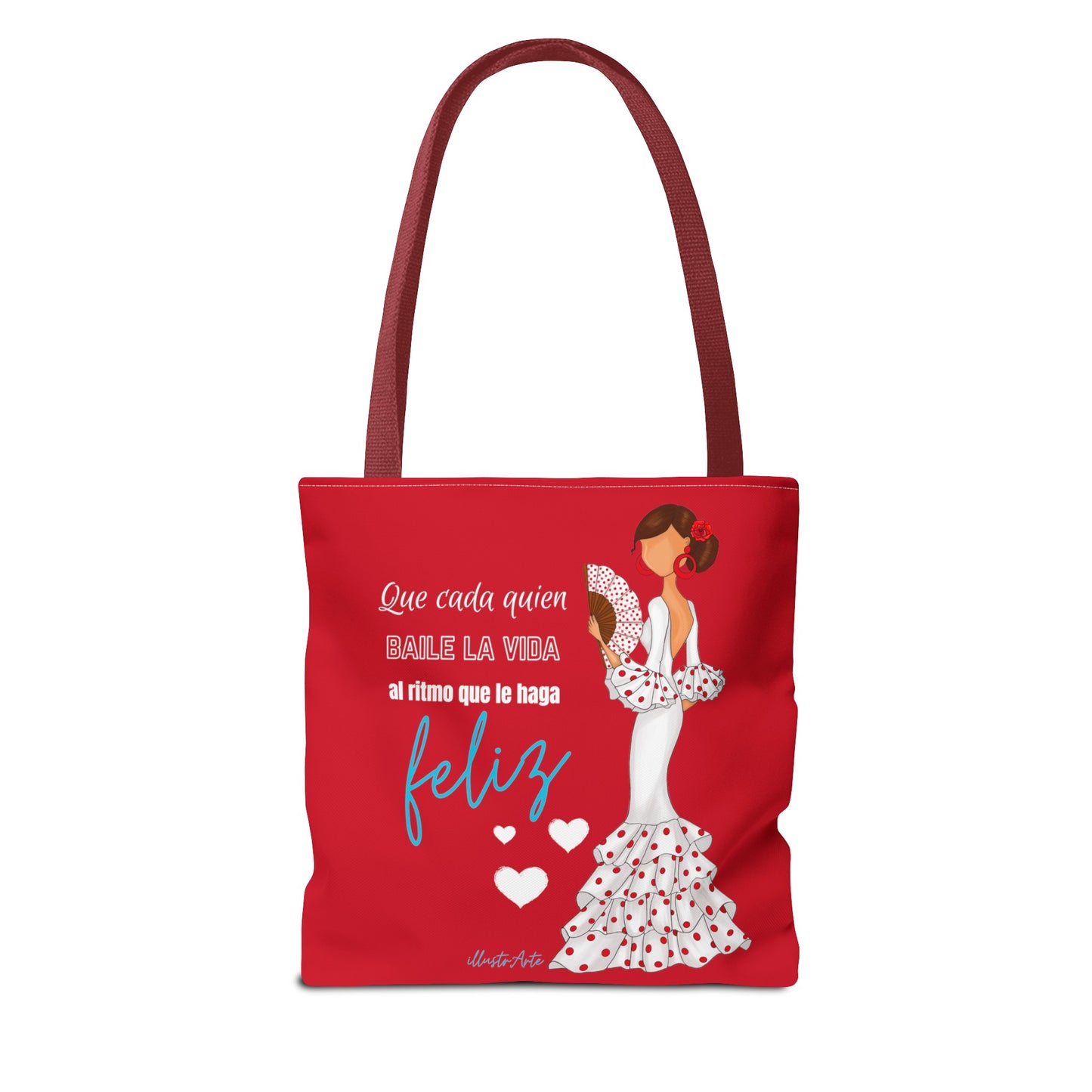 Flamenco Lovers Tote Bag rojo personalizable, Pepa bailaora de flamenco con vestido blanco y frase positiva