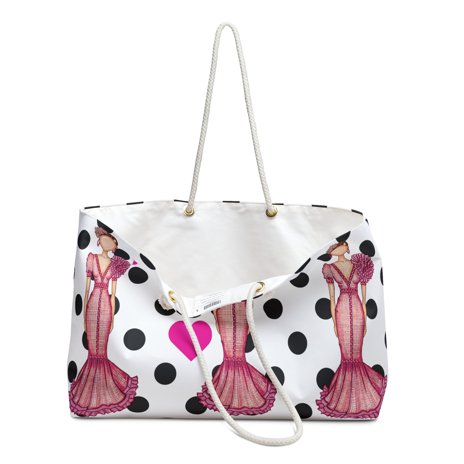 a polka dot purse with a woman's dress on it