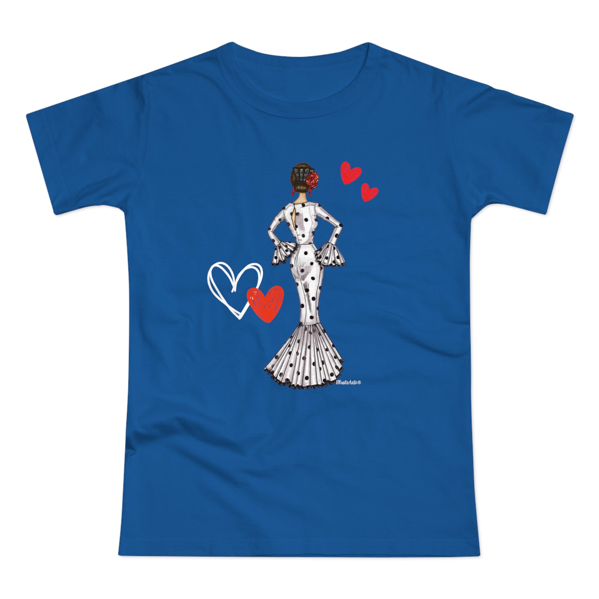 a blue t - shirt with a woman in a polka dot dress holding a heart