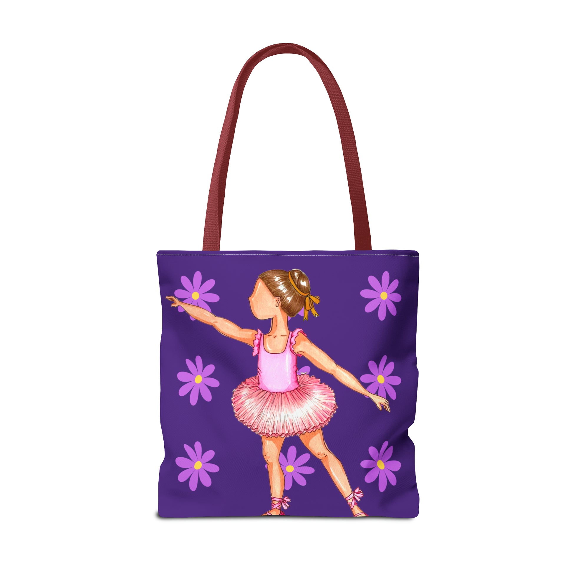 a purple bag with a girl in a pink dress
