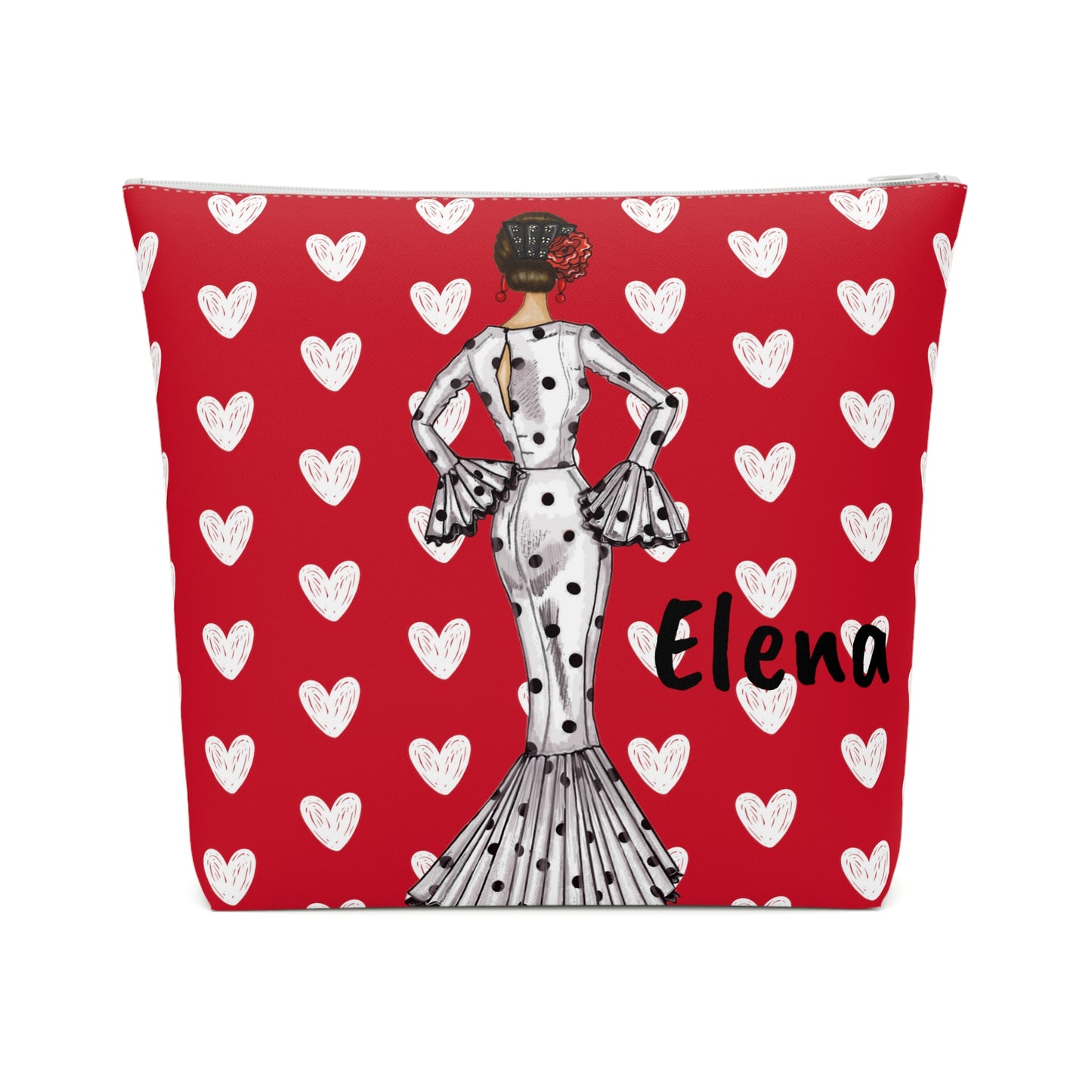 a red cosmetic bag with a dalmatian doll on it
