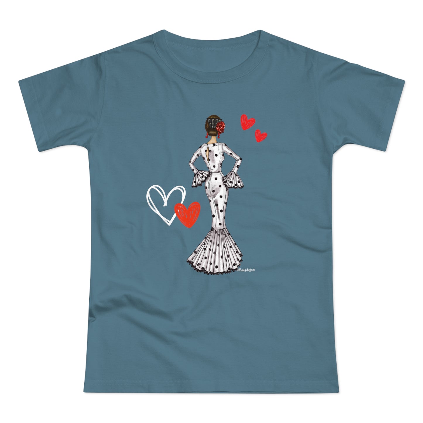 a women's t - shirt with a woman in a dress holding a heart