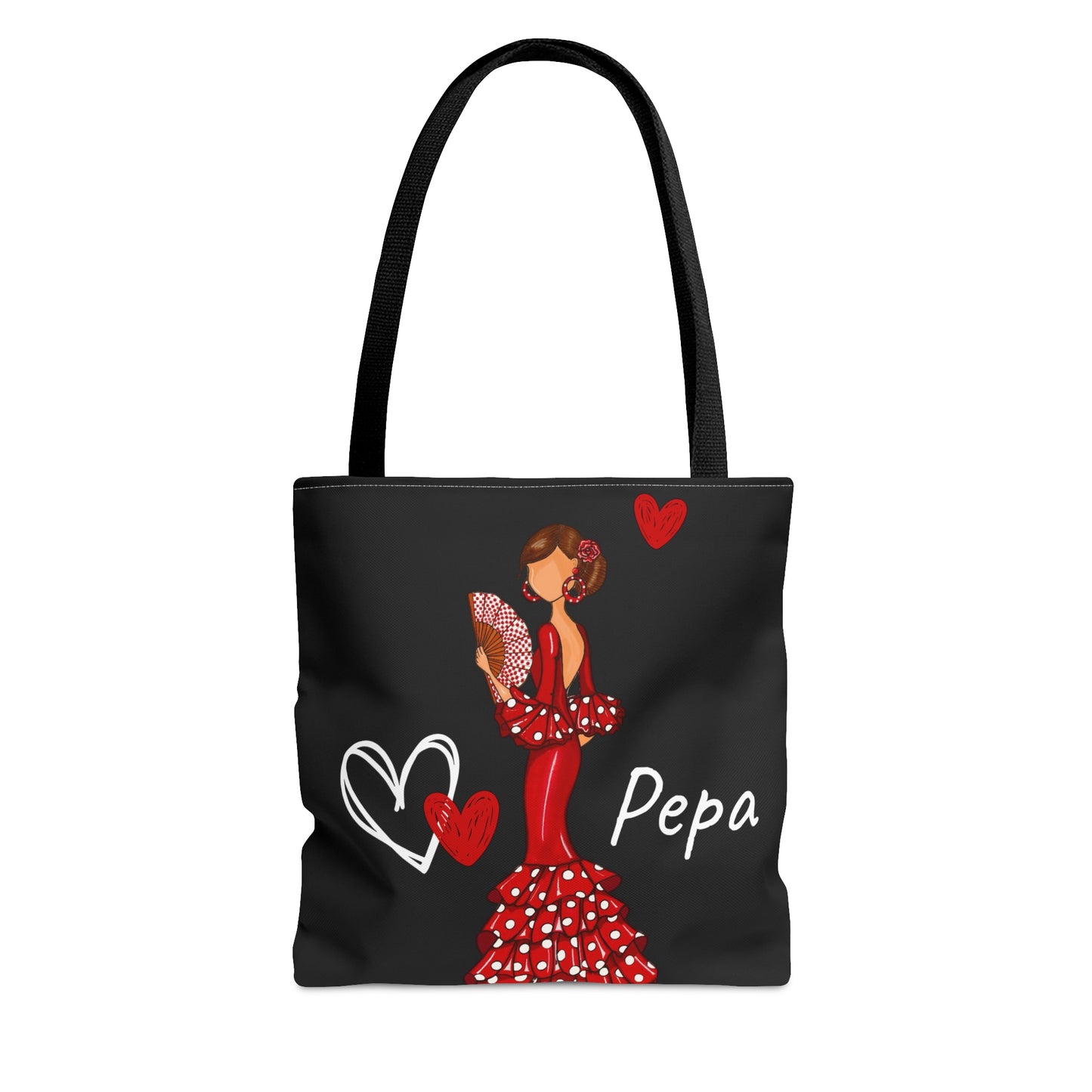 a black tote bag with a woman in a red dress