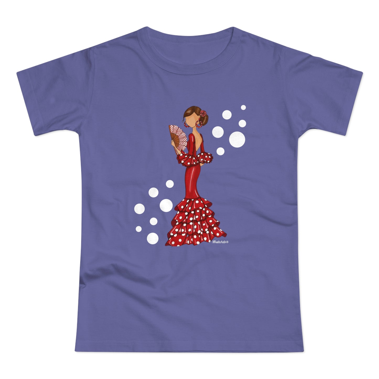 a women's t - shirt with a woman in a polka dot dress holding
