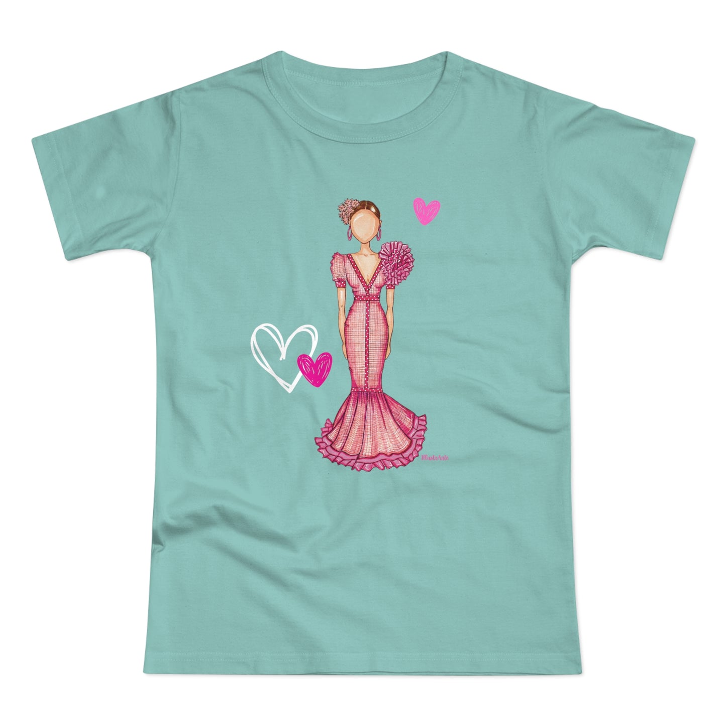 a t - shirt with a woman in a pink dress and a heart