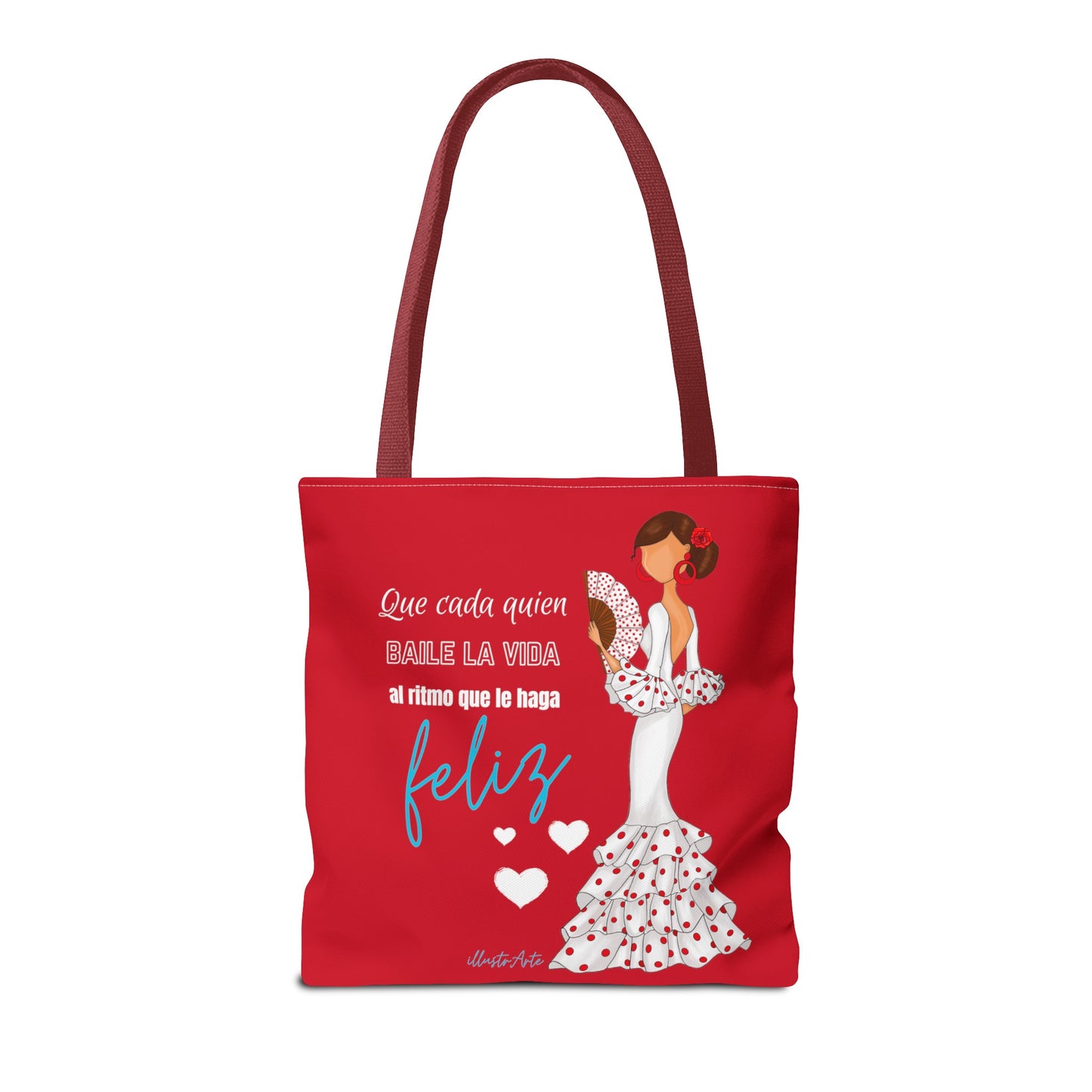 Flamenco Lovers Tote Bag rojo personalizable, Pepa bailaora de flamenco con vestido blanco y frase positiva
