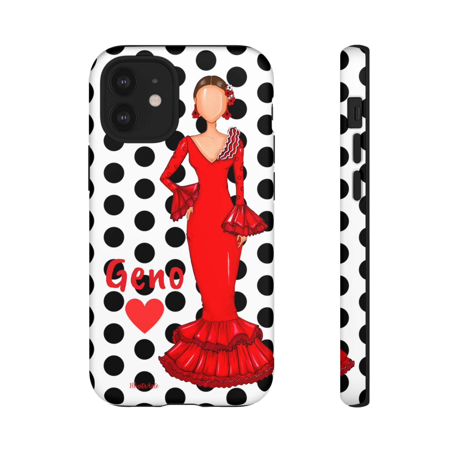 a phone case with a woman in a red dress