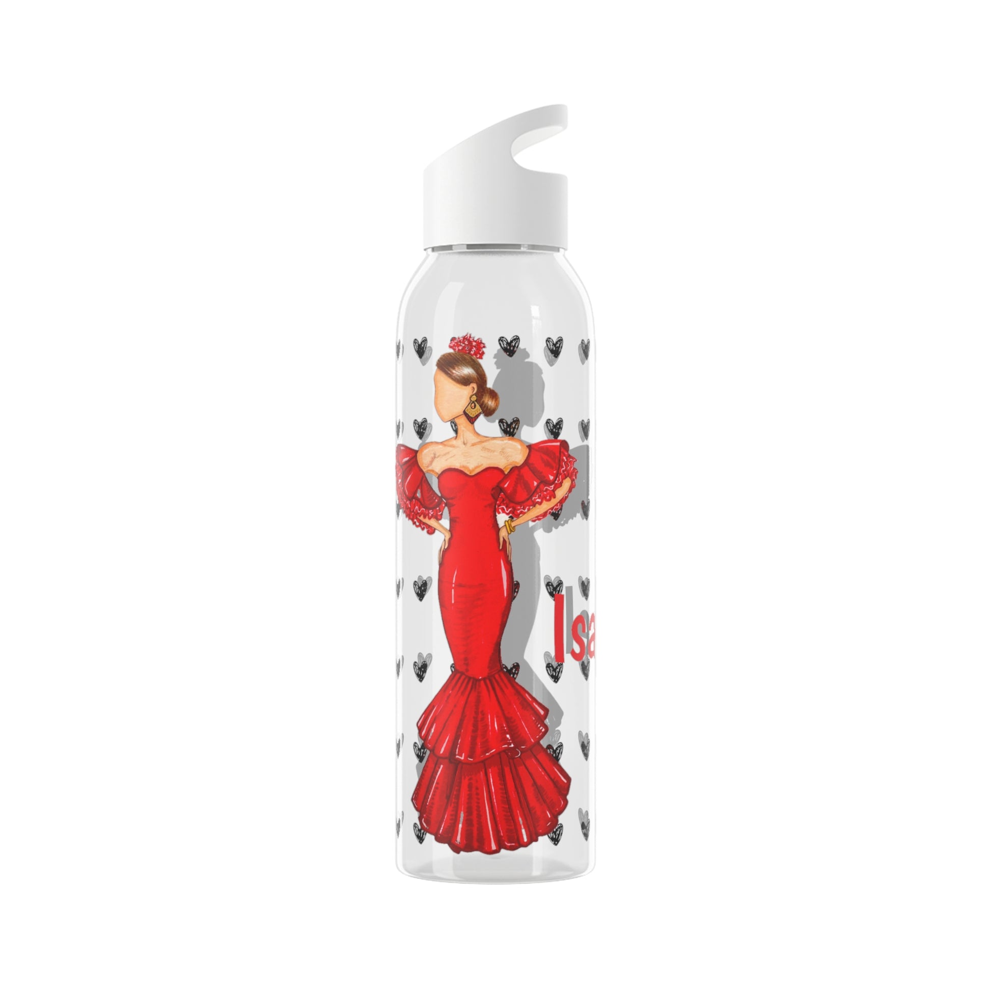 Flamenco Dancer 22 Oz/650ml Eastman Tritan™ Single wall bottle, red dress with black hearts design. - IllustrArte