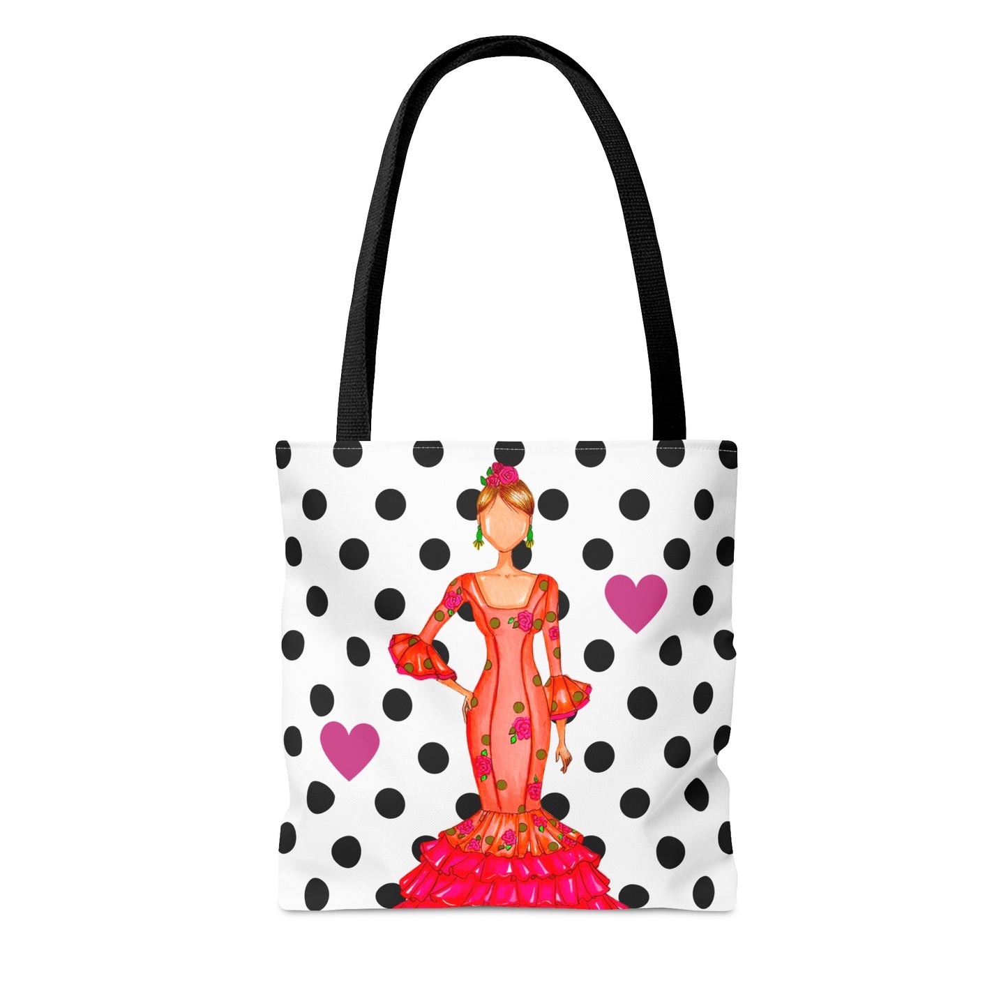 a tote bag with a woman in a polka dot dress