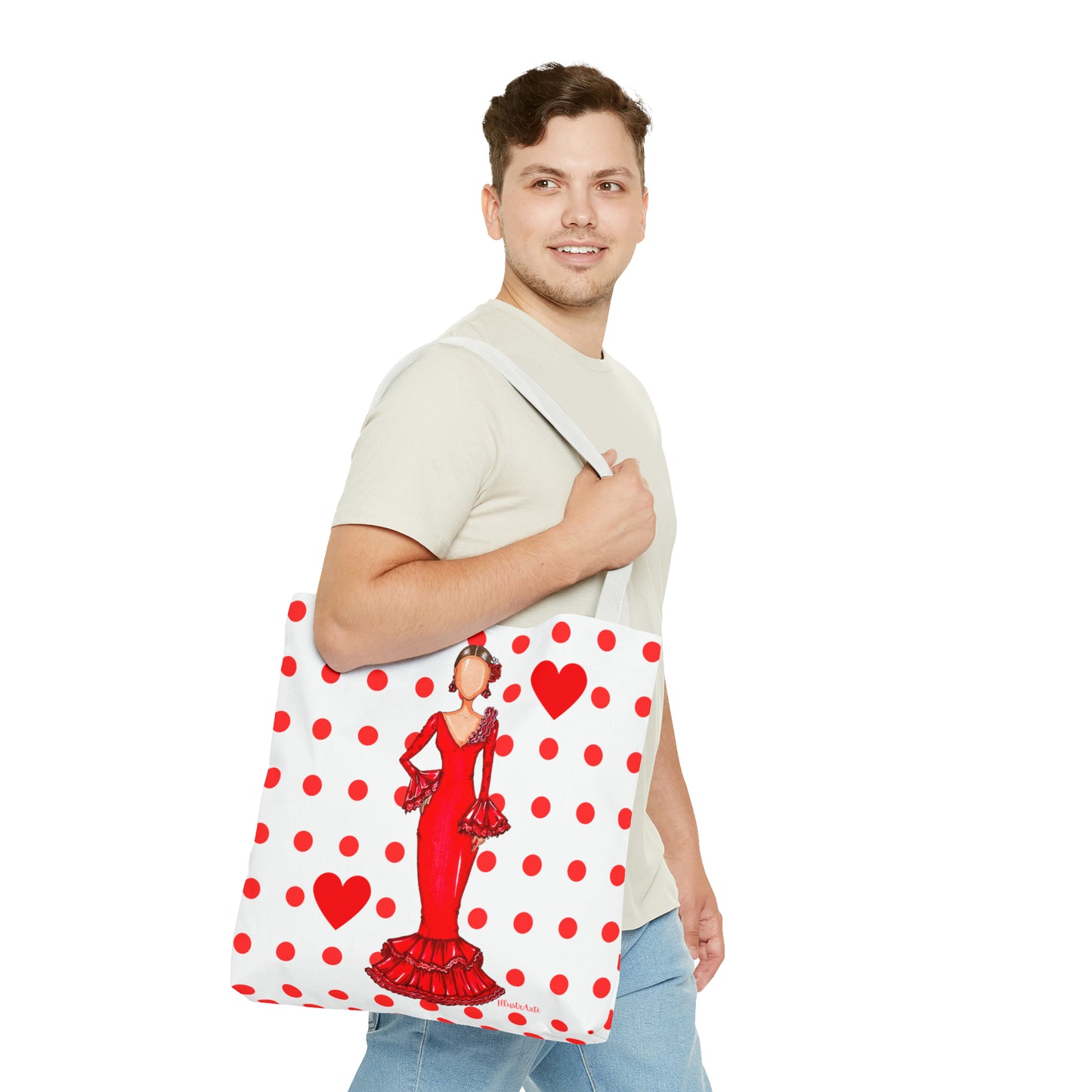 a man holding a large bag with a woman on it