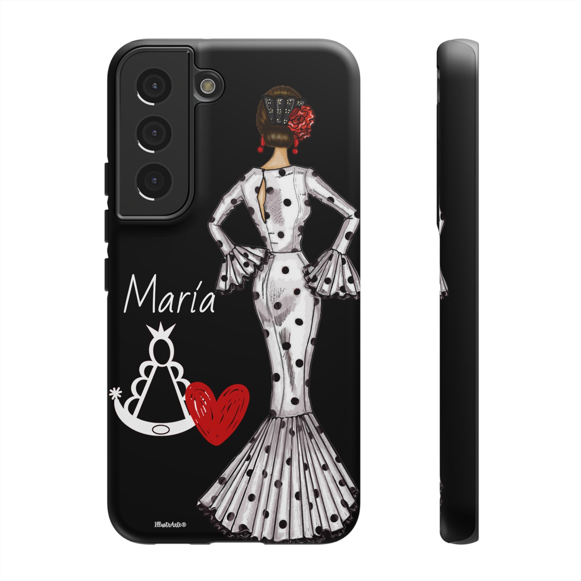 a cell phone case with a woman in a polka dot dress