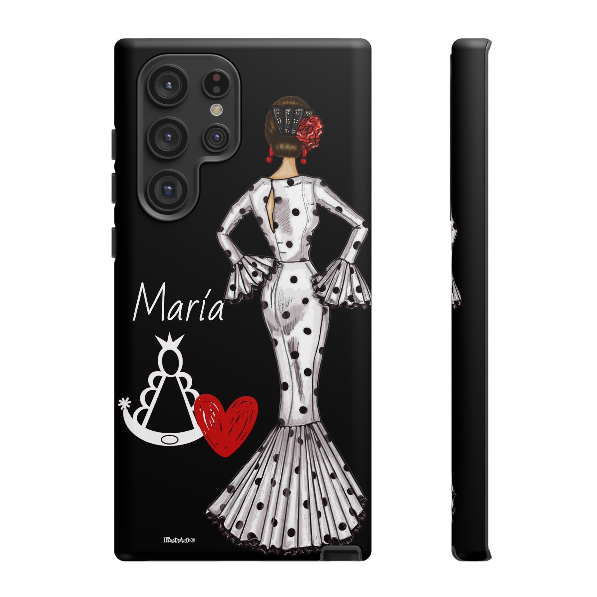 a black and white phone case with a woman in a polka dot dress