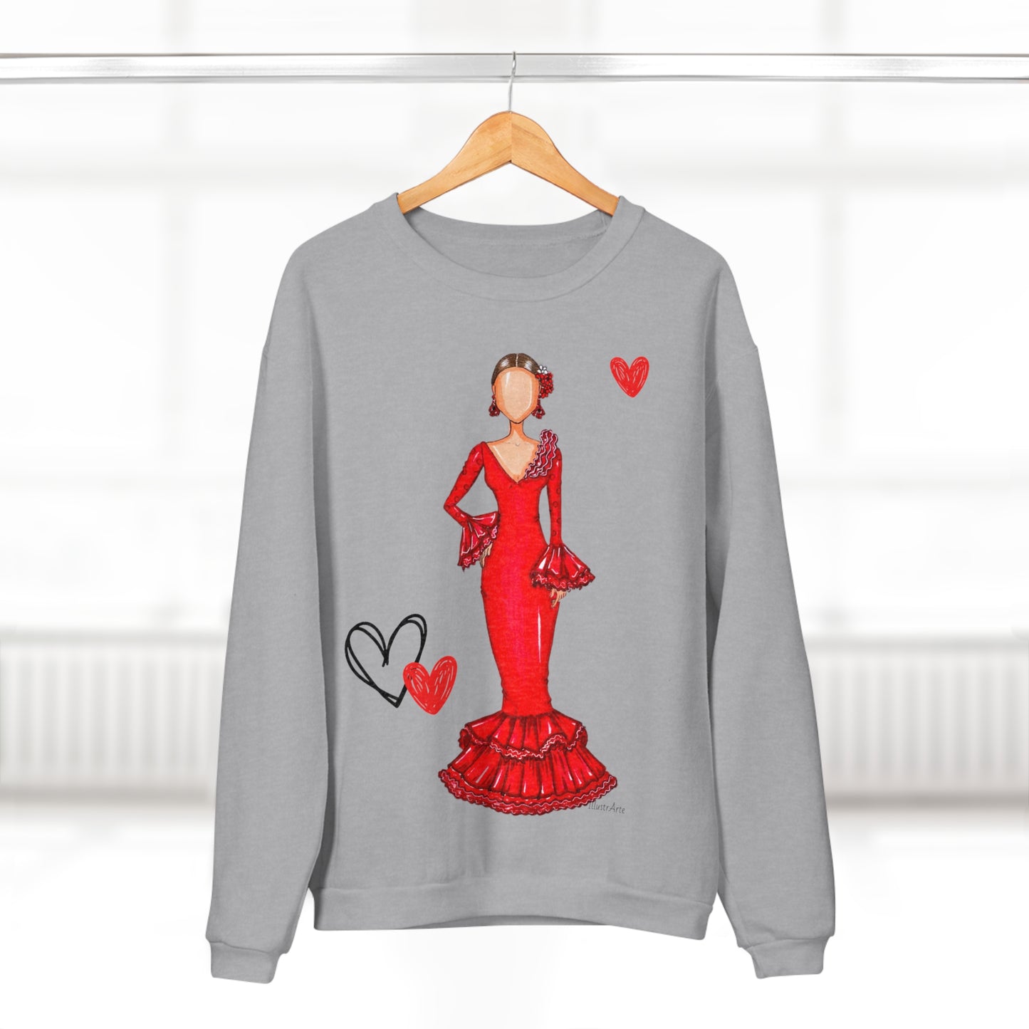 a sweater with a picture of a woman in a red dress