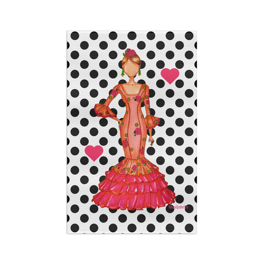 Flamenco Dancer Soft Tea Towel, orange dress with black polka dots design. - IllustrArte