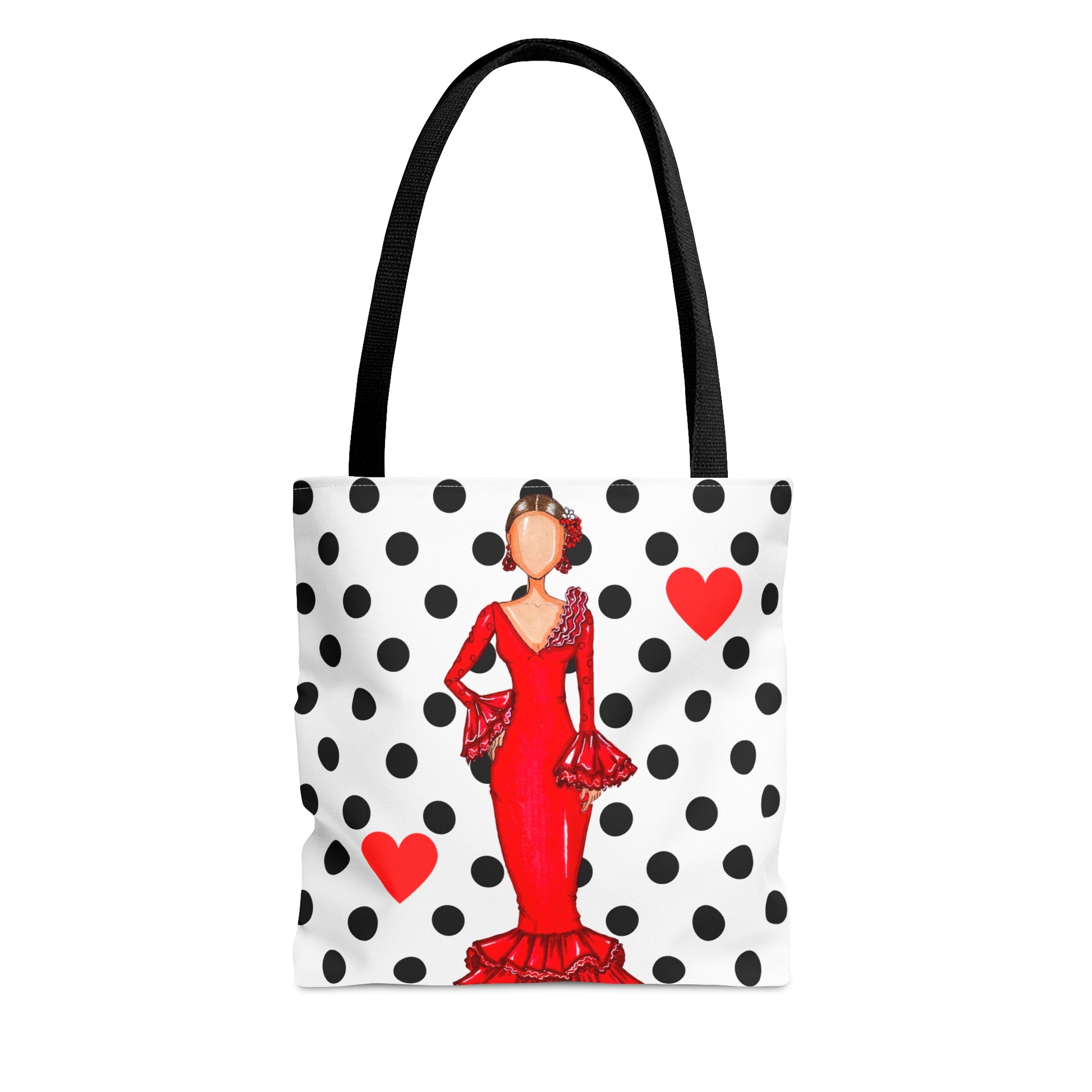 a polka dot bag with a woman in a red dress