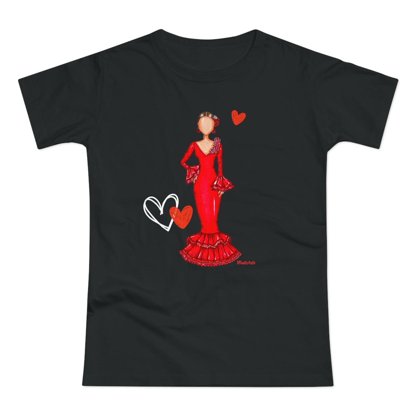 a black t - shirt with a woman in a red dress